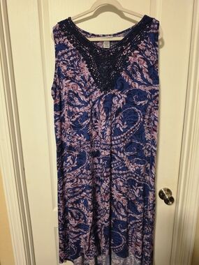 Sleeveless Navy & Pink Paisley Maxi Dress with Crochet Yoke